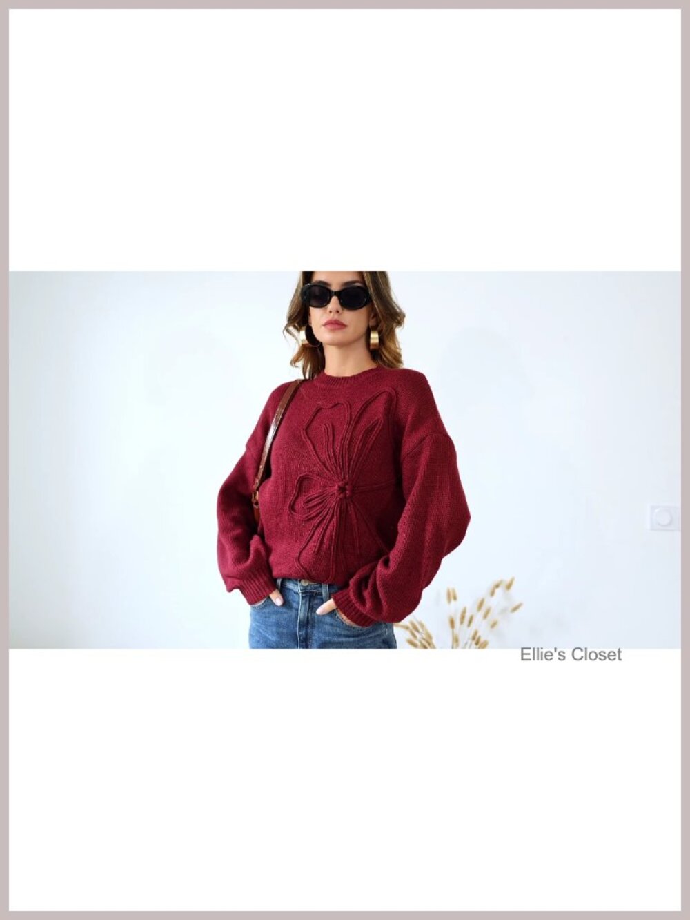 Oversized 3D Floral Knit Sweater Women Chunky Crew Neck Long Lantern Sleeve - Picture 6 of 6